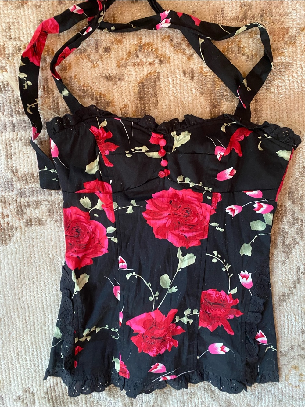 Floral Halter Corset Top - Black with Red Rose Print